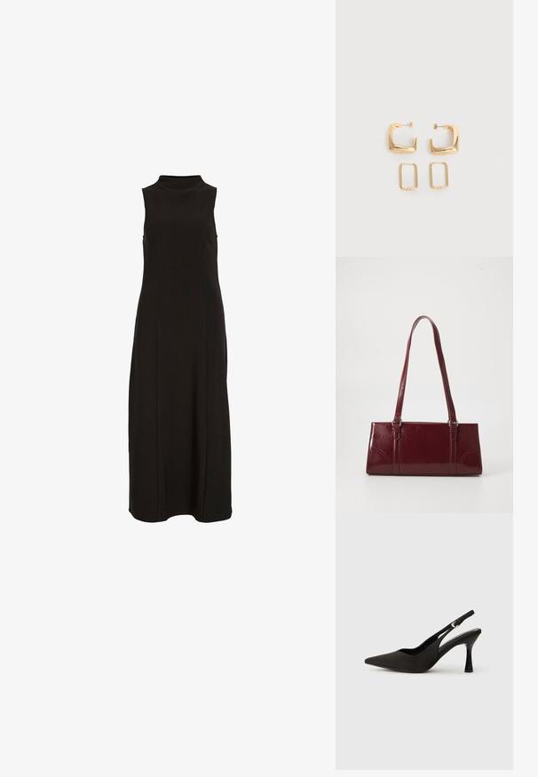 Sort langærmet maxikjole med høj halsudskæring og en lige, tætsiddende silhuet.; Sorte slingback hæle med spids tå, glat mat finish og en slank, blank hæl. Justerbar rem med lille spænde detaljer.; Bordeaux håndtaske lavet af glansfuldt materiale, rektangulær form, med to skulderremme og subtile buede detaljer på forsiden.; To par guldfarvede geometriske hoop-øreringe på en ensfarvet hvid overflade, et par firkantede og solide, et par rektangulære og hule.