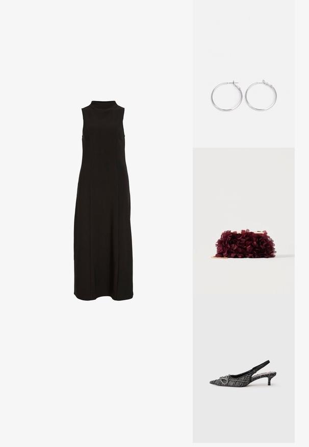 Schwarzes, ärmelloses Maxikleid mit hohem Kragen und einer geraden, figurbetonten Silhouette.; Schwarzer Slingback-Kitten-Heel mit spitzer Kappe, strukturiertem Muster und silberner Schnallendetail auf weißem Hintergrund.; Clutch-Tasche, bedeckt mit burgunderfarbenen Stoffblütenblättern, mit goldenem Metallrahmen und kurzem goldenen Kettenriemen, vor einfarbigem Hintergrund gezeigt.; sweet deluxe EARRING - Ohrringe - silver-coloured