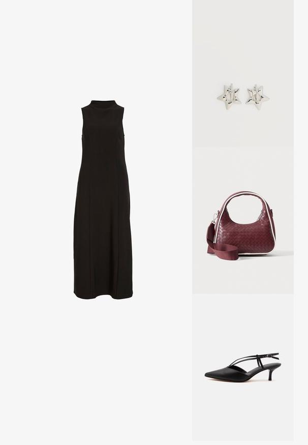 Zwarte mouwloze maxi-jurk met hoge halslijn en een rechte, nauwsluitende silhoette.; Zwarte leren pumps met spits toelopende neus, kittenheel met dunne enkelriem en gesp, slingback ontwerp, op een effen lichte achtergrond.; Donkerrode geweven leren handtas met gebogen handvat, witte bies, zilveren rits en afneembare brede stoffen schouderriem tegen een effen achtergrond.; Zilverkleurige stervormige oorringen met een gladde, gepolijste afwerking op een effen witte achtergrond.