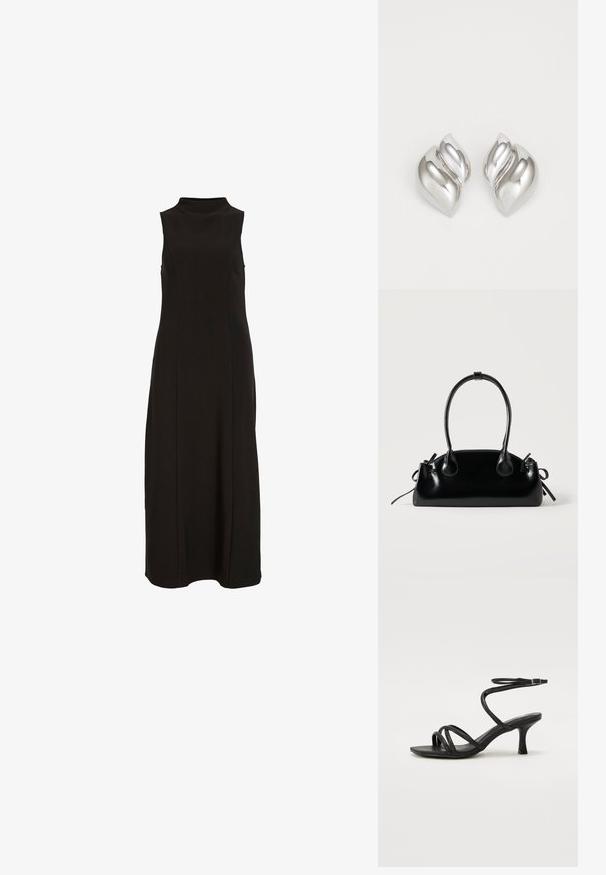 Schwarzes, ärmelloses Maxikleid mit hohem Kragen und einer geraden, figurbetonten Silhouette.; Even&Odd Wide Fit by Zalando Riemensandalette - black; Kleine schwarze glänzende Handtasche mit zwei langen Griffen und seitlichen Kordelzug-Details vor einfachem hellem Hintergrund.; Silberne Ohrringe mit einer organischen, abstrakten Form. Glatte, glänzende Oberfläche mit einem konischen Design. Mit dezenten Kurven und einem zentralen Linienelement.