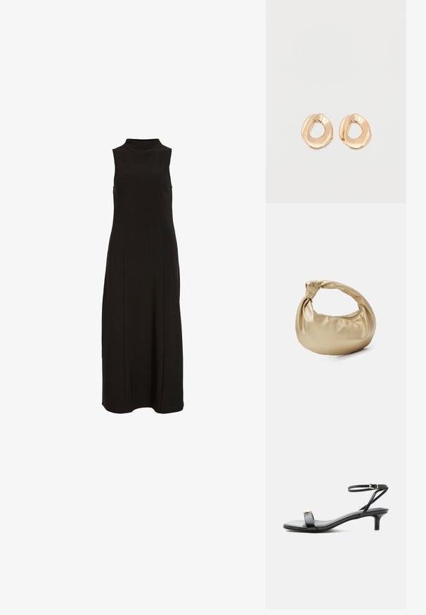 Schwarzes, ärmelloses Maxikleid mit hohem Kragen und einer geraden, figurbetonten Silhouette.; Schwarze Leder-Sandalette mit offenem Zehenbereich, niedrigem Kitten-Heel, dünnem Knöchelriemen mit goldfarbener Schnalle und dekorativem goldfarbenem Akzent am vorderen Riemen.; Goldfarbene Metall-Handtasche mit glatter, glänzender Textur. Verfügt über einen geknoteten Griff und eine abgerundete, weiche Form. Reißverschlussverschluss an der Oberseite.; Paar unregelmäßig geformter, polierter Creolen aus goldfarbenem Metall mit offenem Zentrum auf weißem Hintergrund.