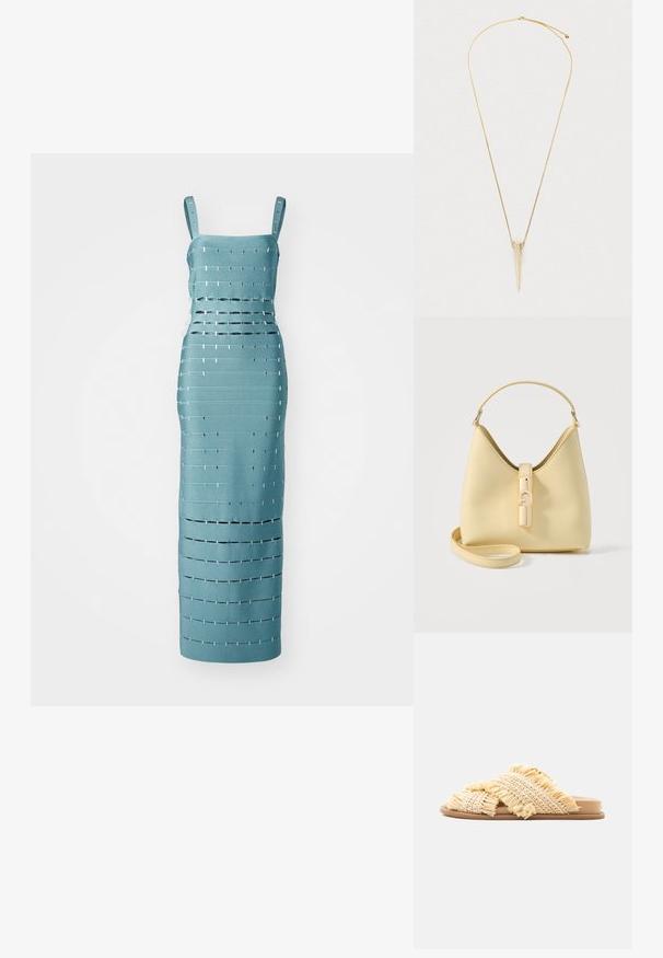 En turkise ærmeløs kjole med vandrette og lodrette udskæringer samt metallic detaljer, skræddersyet til en tætsiddende silhuet.; Slip-on sandal med flad sål og vævede beige strå krydsremme med frynset kant, vist på en hvid baggrund.; Beige læderhåndtaske med enkelt topgreb, aftagelig skulderrem og lås med guldton foran.; Guldtonet halskæde med en struktureret, langstrakt trekantet vedhæng på en tynd kæde med en glidende justerbar clasp.