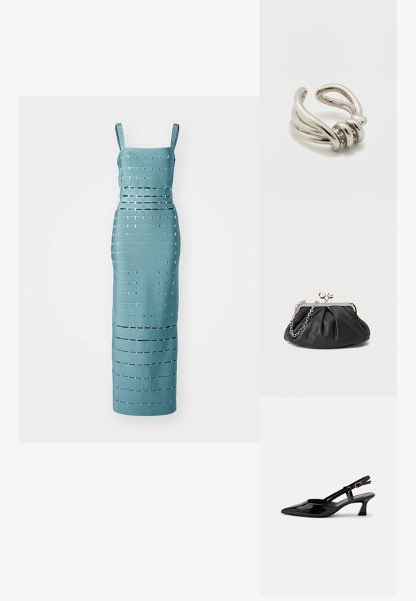 En turkise ærmeløs kjole med vandrette og lodrette udskæringer samt metallic detaljer, skræddersyet til en tætsiddende silhuet.; Sort laklæderslingback med lille hæl, spids tå og justerbar guldlåsrem på hvid baggrund.; Sort læder clutch med samlet tekstur, sølvfarvet metalramme, kys-lås lukning og kædestrop. Glat, blød overflade.; Justerbar sølvfarvet metalring med snoede strenge og et knudet design, poleret finish med glatte overflader og kurver.