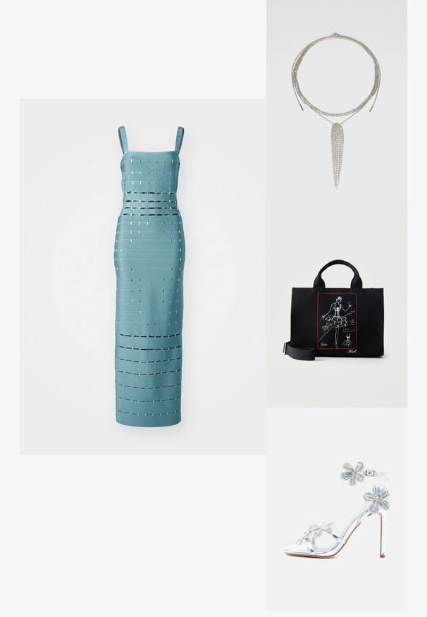 En turkise ærmeløs kjole med vandrette og lodrette udskæringer samt metallic detaljer, skræddersyet til en tætsiddende silhuet.; Sølv højhælet sandal med gennemsigtige stropper og blomsterudsmykning, prydet med rhinsten og en ankelrem med spænde.; Sort mulepose med korte håndtag og justerbar rem, med en hvid skitse af en ballerina i tutu med håndskrevne noter i en rød ramme.; Sølv halskæde med tre lagdelte kæder og en slank, langstrakt vedhæng prydet med flere klare rhinsten.