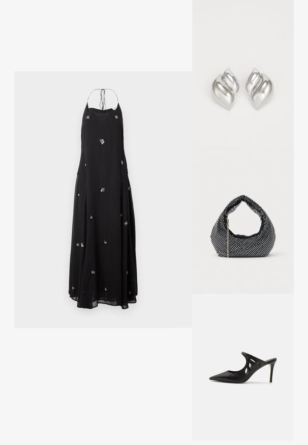 Čierna, voľná maxi šaty vyrobené z ľahkej tkaniny. Obsahuje kvetinové ozdoby a dizajn s krčným viazaním s nastaviteľnými šnúrkami.; Čierne kožené vysoké špičaté papuče s výrezmi po stranách a hladkou textúrou. Stiletto podpätok a jemný steh.; Čierna sieťovaná kabelka zdobená striebornými nitmi, s obľúbenou rukoväťou a reťazovou popruhom. Mäkká textura s zaobleným tvarom.; Strieborné náušnice s organickým, abstraktným tvarom. Hladký, lesklý povrch s zužujúcim sa dizajnom. Obsahujú jemné krivky a centrálny detail línie.