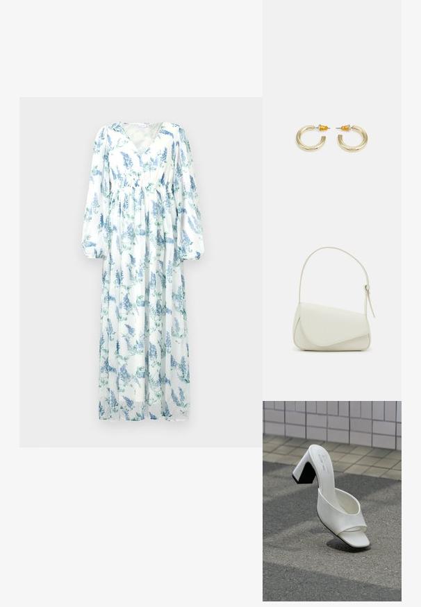 Robe longue et fluide en tissu transparent. Présente une base blanche avec des motifs floraux bleus, un décolleté en V et de longues manches amples.; Une mule blanche à bout ouvert avec talon bloc posée sur un bitume gris devant un mur carrelé.; Sac à main en cuir synthétique blanc avec une forme triangulaire structurée, une bandoulière unique réglable et un rabat à courbes accentuées.; Boucles d'oreilles en métal doré en forme d'anneau, avec une finition lisse et arrondie. Elles possèdent des accents orange à l'arrière pour un maintien sécurisé.