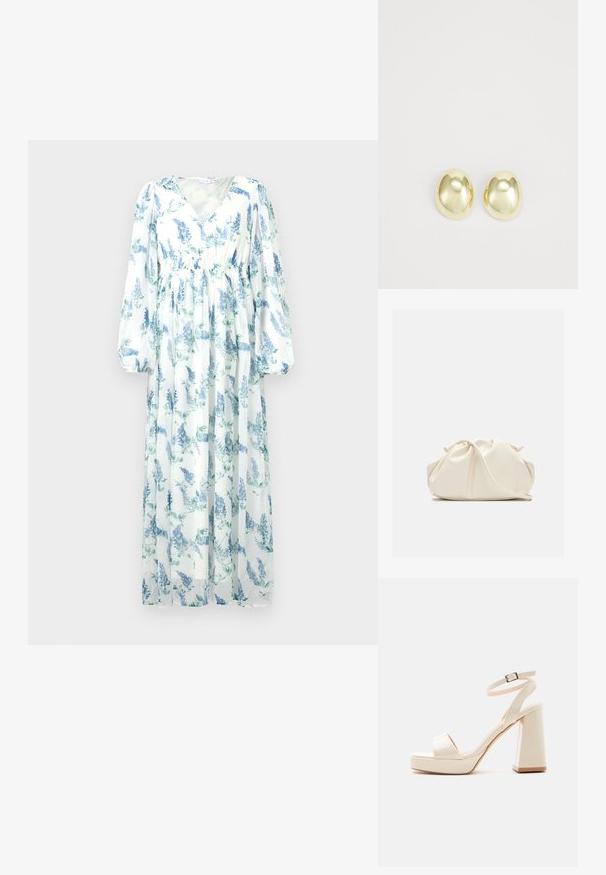 Robe longue et fluide en tissu transparent. Présente une base blanche avec des motifs floraux bleus, un décolleté en V et de longues manches amples.; Sandale à plateforme beige avec talon bloc épais, bout ouvert et bride de cheville avec boucle métallique sur fond blanc.; Pochette en cuir souple couleur crème avec un design froncé et une fine bandoulière reposant à l’avant sur un fond uni.; Boucles d'oreilles en métal doré avec une forme lisse et arrondie et une finition polie. Design simple sans embellissements supplémentaires.