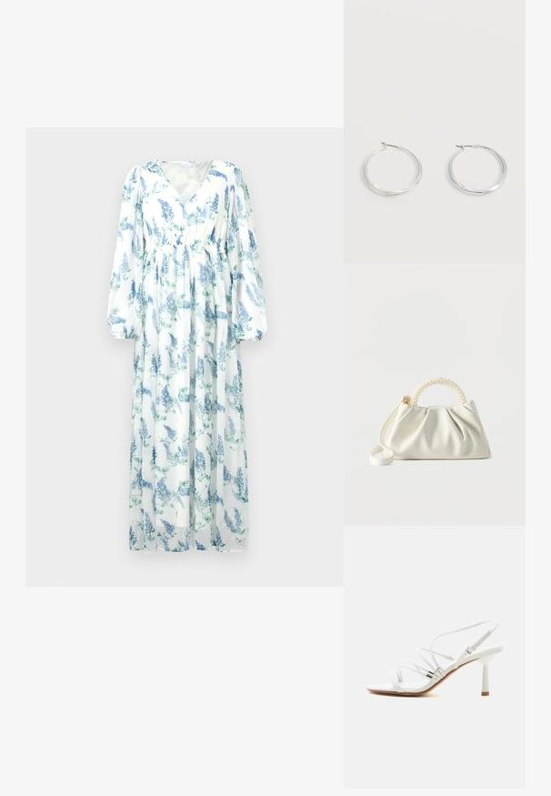 Robe longue et fluide en tissu transparent. Présente une base blanche avec des motifs floraux bleus, un décolleté en V et de longues manches amples.; Sandale blanche à talons hauts avec fines brides, accents argentés, bout carré et talon fin de hauteur moyenne sur fond blanc uni.; Petit sac à main blanc avec un corps froncé, une poignée ronde ornée de perles et une bandoulière amovible sur un fond uni.; Boucles d’oreilles créoles en métal argenté avec une surface lisse légèrement incurvée et des fermoirs à clapet sur un fond blanc uni.