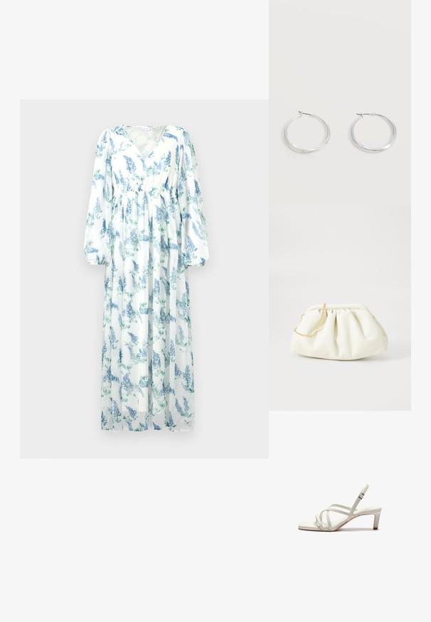 Robe longue et fluide en tissu transparent. Présente une base blanche avec des motifs floraux bleus, un décolleté en V et de longues manches amples.; Zign by Zalando Escarpins - off white; Sac à main en cuir blanc avec un design plissé, doté d'une bandoulière en chaîne dorée et d'une forme arrondie. Texture lisse avec des plis doux et sans motifs.; Boucles d’oreilles créoles en métal argenté avec une surface lisse légèrement incurvée et des fermoirs à clapet sur un fond blanc uni.