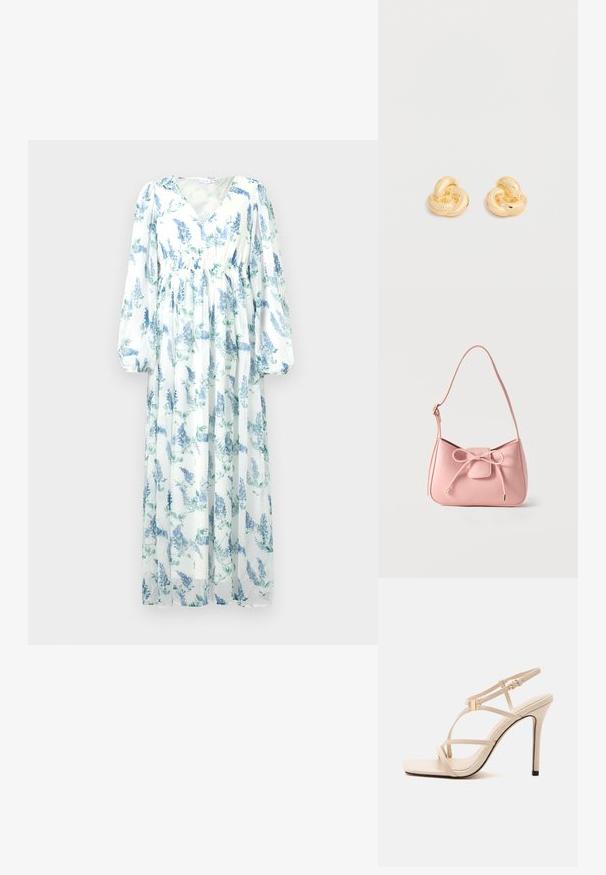 Robe longue et fluide en tissu transparent. Présente une base blanche avec des motifs floraux bleus, un décolleté en V et de longues manches amples.; Sandale beige à talon haut avec fines lanières, bout carré, fermeture à boucle et talon stilettos sur fond blanc.; Petit sac bandoulière rose pastel avec sangle réglable et détail nœud à l'avant avec extrémités dorées sur un fond uni.; Paire de clous d'oreilles en forme de nœud, couleur or brillant, sur un fond blanc uni.