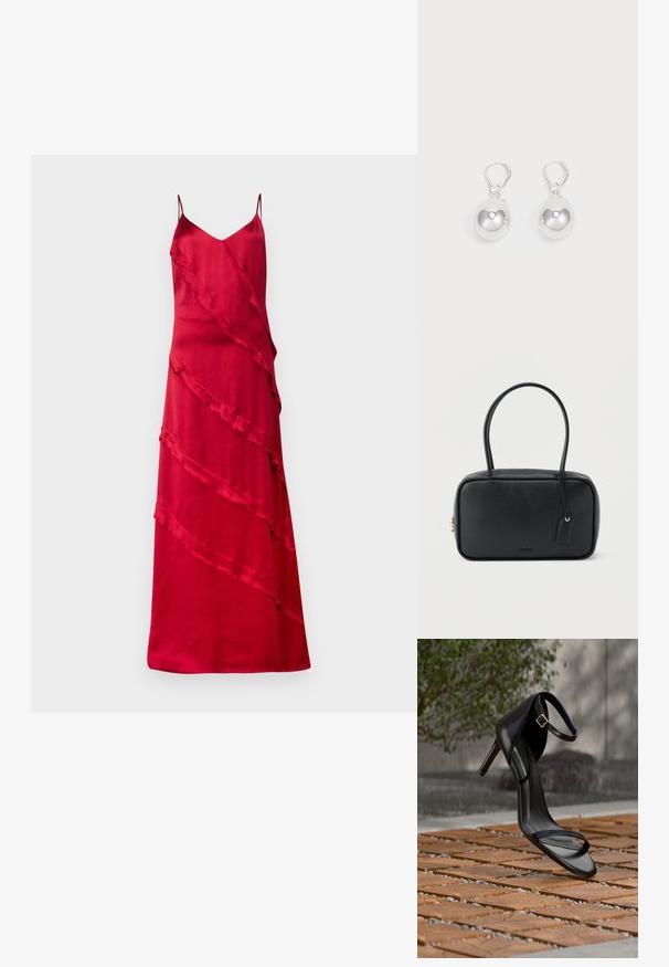 Vestido de satén rojo con tirantes finos, escote en V y volantes asimétricos que caen en diagonal por el frente.; Sandalia negra de tacón alto con correa en el tobillo, parece suspendida sobre un suelo de baldosas de madera al aire libre, con un fondo difuminado de vegetación y piedra.; Bolso rectangular negro con asas dobles redondeadas, cremallera dorada y logo "HUGO" en relieve en el frente con etiqueta de cuero adjunta.; Pendientes de plata en forma de gota con superficies redondas y reflectantes colgando de cierres de palanca. El fondo es blanco liso.
