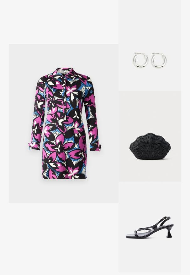 Diane von Furstenberg ALARICA DRESS - Hverdagskjole - fishnet floral purple blush; Sort lædersandal til kvinder med tynde stropper, firkantet tå, justerbar ankelrem og udvidet mellemhøj hæl.; Sort flet håndtaske formet som en muslingeskal med en buet top og flettet tekstur på en ensfarvet baggrund.; Sølv hoop-øreringe med en poleret finish, der har en cirkulær form og en hængslet lukning. Glat tekstur med minimal detaljering.