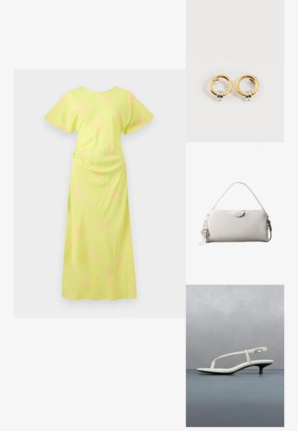 Robe maxi jaune avec des manches courtes et larges. Présente une texture douce et des accents rose subtils sur l'ensemble du tissu. Détail froncé sur le côté.; Sandale blanche à talon kitten avec des lanières et un bout pointu, flottant au-dessus d'un sol en carrelage en bois en plein air avec un arrière-plan flou de plante et de mur.; Sac à main rectangulaire blanc Calvin Klein avec une seule poignée, design minimaliste et pampilles décoratives avec un charm métallique géométrique sur le côté.; Boucles d'oreilles circulaires en or avec deux petites bagues en argent sur chacune, affichant des détails subtils du nom de la marque gravé, posées sur un fond blanc.