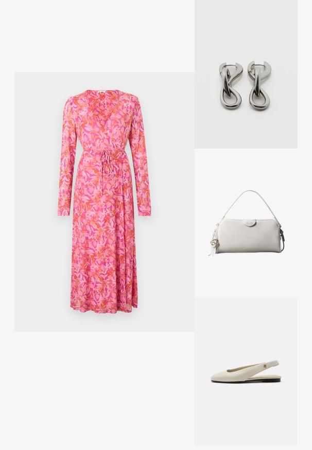 Robe portefeuille à manches longues en tissu rose, ornée d'un motif floral orange, avec une taille à lien et une silhouette évasée.; Chaussure plate slingback en cuir couleur crème avec un bout arrondi et un petit emblème doré sur la bride.; Sac à main rectangulaire blanc Calvin Klein avec une seule poignée, design minimaliste et pampilles décoratives avec un charm métallique géométrique sur le côté.; Paire de boucles d'oreilles en métal argenté avec un motif abstrait d'anneaux entrelacés sur fond blanc.