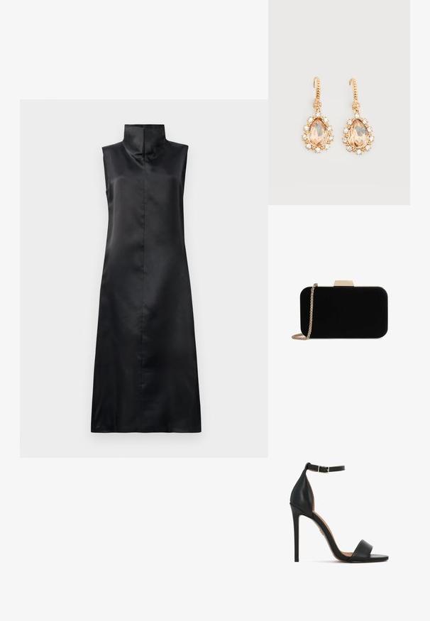 Schwarzes, satiniertes ärmelloses Kleid mit hohem Kragen, glatter Textur und geradem, knöchellangem Schnitt. Minimalistisches Design ohne Verzierungen.; Schwarzer Leder-Sandalette mit hohem Absatz, schmalem Knöchelriemen, offenem Zehendesign und elegantem Stiletto-Absatz. Glatte Textur mit minimalen Akzenten.; Schwarze Samt-Clutch mit goldfarbener Hardware, rechteckiger Form und Kettenriemen, mit glatter Textur und ohne sichtbare Muster.; Goldene Ohrhänger mit großen, birnentropfenförmigen Pfirsichsteinen, umgeben von kleinen, klaren Kristallen vor weißem Hintergrund.