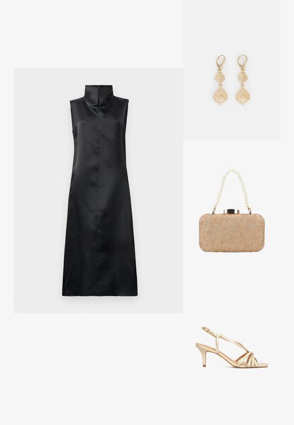 Sort satin uden ærmer kjole med høj krave, glat tekstur og en lige, ankellang silhuet. Minimalistisk design uden udsmykninger.; Guld sandal til kvinder med stropper, lav hæl, åben tå og ankelsnor med spænde, vist i sideprofil mod en hvid baggrund.; Rektangulær gylden clutch med blomsterblonde mønster, glitrende accenter og et håndtag lavet af store hvide perler.; Marchesa FILIGREE DROP - Øreringe - gold-coloured