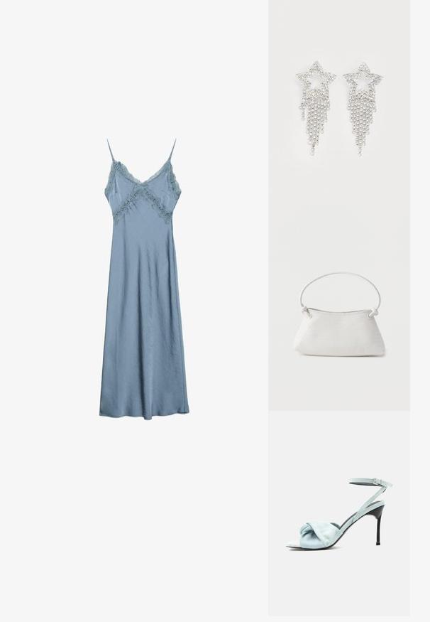 Robe nuisette en satin bleu clair avec bordure en dentelle le long du décolleté en V et fines bretelles spaghetti, silhouette longue et fluide.; Sandale à talon haut en daim bleu clair avec bride frontale nouée et fine bride de cheville à boucle sur un talon aiguille noir.; Sac à main en cuir tressé blanc avec poignée arrondie et extrémités de lanière nouées, présenté sur un fond uni.; Boucles d'oreilles en strass en forme d'étoile avec des détails de franges en cascade, présentant une teinte argentée et une surface brillante et réfléchissante. Forme d'étoile avec un design complexe.