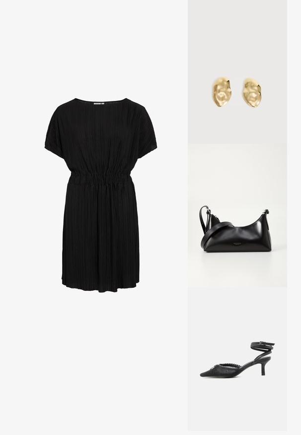 Vestido negro plisado con un corte relajado, escote redondo y cinturilla elástica. Mangas cortas y tela suave y texturizada.; Tacón kitten negro de punta puntiaguda con parte superior de encaje, borde festoneado y correa de tobillo envolvente con cierre de hebilla.; Bolso de mano de cuero negro con una textura suave. Cuenta con una correa ajustable y un diseño elegante y minimalista con cierre de cremallera.; Par de pendientes de metal dorado brillante, con forma irregular y superficie arrugada y lisa sobre un fondo claro y sencillo.