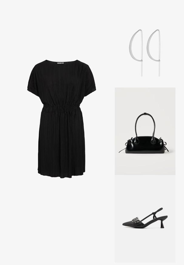 Vestido negro plisado con un corte relajado, escote redondo y cinturilla elástica. Mangas cortas y tela suave y texturizada.; Simmi London DALA - Tacones - black; Pequeño bolso negro brillante con dos asas largas y detalles de cordón lateral sobre un fondo claro liso.; Pendientes de metal plateado con un diseño curvado minimalista, que presentan formas de lágrima abiertas y alargadas con un acabado mate.