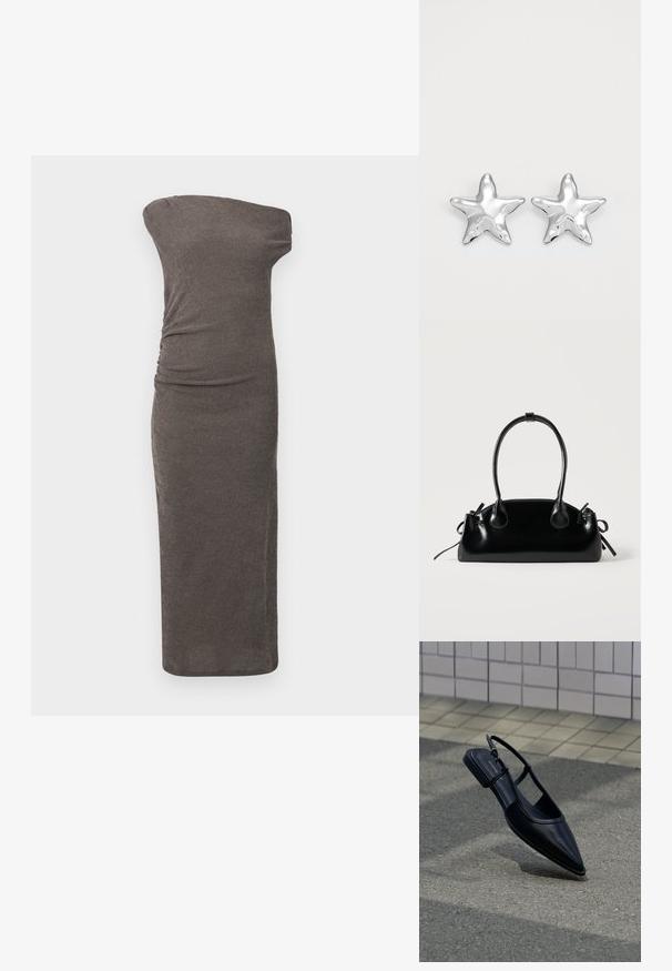 Vestido ajustado de hombros descubiertos en tela de canalé gris oscuro, con frunces laterales y una silueta recta que llega por debajo de la rodilla.; Zapato plano negro de punta puntiaguda con tiras traseras flotando sobre una superficie de asfalto junto a una acera con baldosas.; Pequeño bolso negro brillante con dos asas largas y detalles de cordón lateral sobre un fondo claro liso.; Pendientes en forma de estrella plateada con una superficie pulida y brillante. Cada pendiente presenta cinco puntas y sutiles detalles de textura en la superficie.