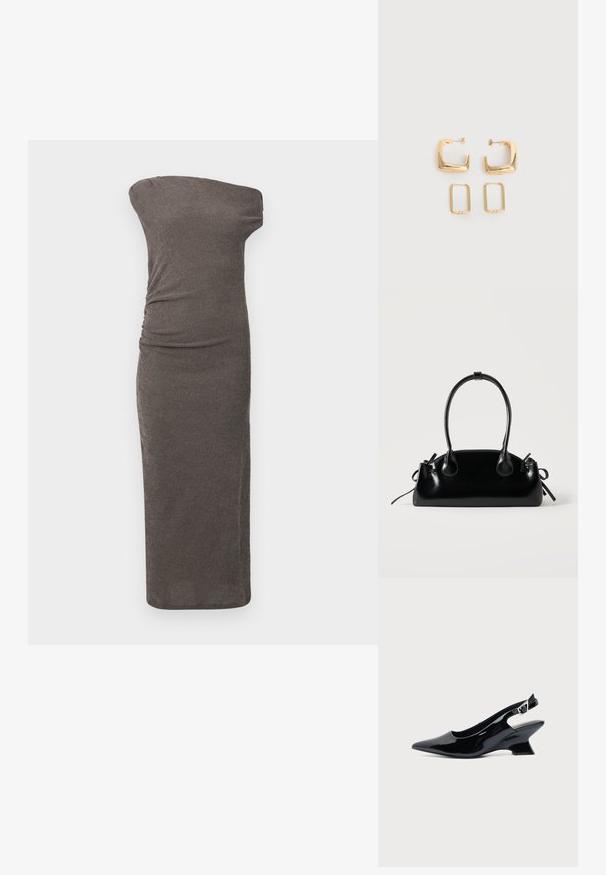 Off-shoulder, aansluitende jurk van donkergrijze geribbelde stof, met zijruche en een rechte snit die onder de knie reikt.; Zwarte lakleren slingback schoen met spitse neus en lage schuine blokhak op een effen lichte achtergrond.; Kleine zwarte glanzende handtas met twee lange hengsels en zijkant trekkoord details op een effen lichte achtergrond.; Twee paar gouden geometrische creolen op een effen witte ondergrond, een paar vierkant en massief, een paar rechthoekig en hol.