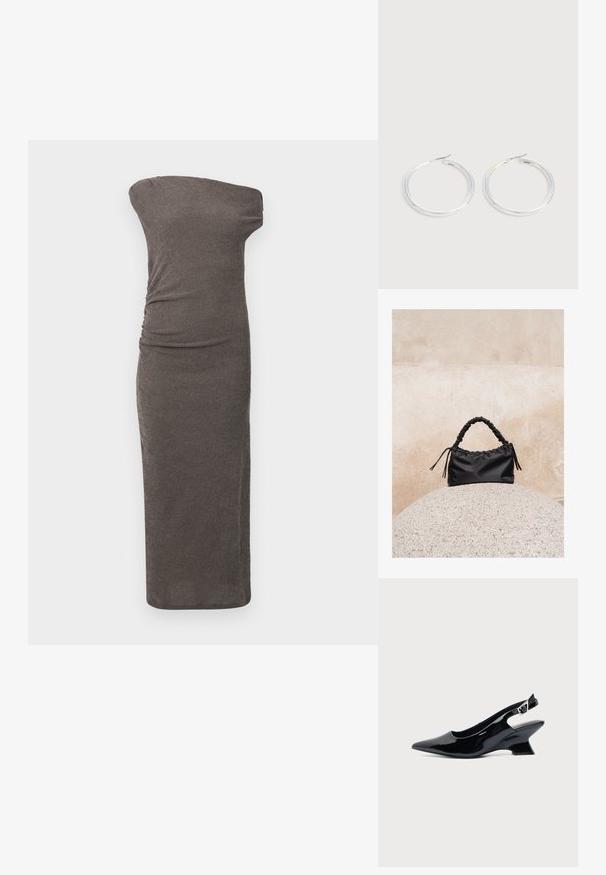 Vestido ajustado de hombros descubiertos en tela de canalé gris oscuro, con frunces laterales y una silueta recta que llega por debajo de la rodilla.; Zapato slingback de cuero charol negro con puntera puntiaguda y tacón bajo en bloque inclinado sobre fondo claro liso.; Bolso negro fruncido con asa recogida, apoyado sobre una esfera de piedra texturizada frente a una pared de hormigón beige.; Pareja de pendientes de aro plateados brillantes con cierres de alambre delgado, mostrados sobre un fondo gris claro.
