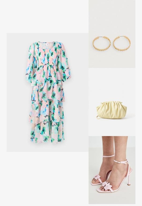 Stufenkleid mit einem floralen Muster in Pastellfarben, mit einem gerafften Oberteil und Puffärmeln. Hergestellt aus leichtem, fließendem Stoff.; Rosa High Heels Sandalen mit floralem Applikationen, dünnem Knöchelriemen und offener Zehenpartie. Glatte Textur und spitze Zehenform.; Gelbe, gefaltete Handtasche aus glattem Kunstleder mit weicher Form, einzigem Schulterriemen und gerafftem Oberteil.; Goldene Creolen mit einem strukturierten Design und kleinen, runden Perlen entlang der äußeren Kante. Leicht und mit sicherem Verschluss.