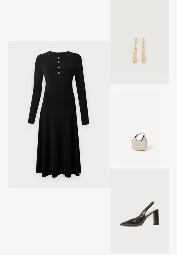 Sort langærmet kjole med rund halsudskæring, der har fem guldknapdetaljer ned langs fronten og en flydende nederdel. Fremstillet af blødt stof.; Sort læder peep-toe slingback sko med høj blokhæl og beige indvendig foring mod en ensfarvet lys baggrund.; Beige læder håndtaske i halvmåneform med en enkelt skulderrem og minimal syning, sat mod en ensartet hvid baggrund.; Øreringe i guldfarvet metal med glatte, aflangt dråbeformede vedhæng, der hænger fra små creol-låse på en hvid baggrund.