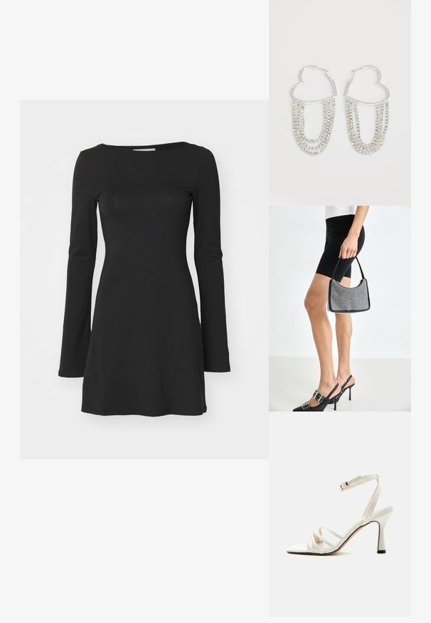 Langärmliges schwarzes Kleid aus weichem, dehnbarem Material; verfügt über einen runden Ausschnitt und eine ausgestellte Silhouette, geeignet für die Freizeit.; Weiße Sandalette mit hohem Absatz, drei vorderen Riemen und einem verstellbaren Knöchelriemen mit goldener Schnalle.; Schwarze Perlen-Handtasche mit geschwungener Silhouette, Tragegriff und glänzender Textur. Kombiniert mit schwarzen High Heels und enganliegenden schwarzen Shorts.; Silberne Creolen in Herzform, verziert mit herabhängenden Strängen aus klaren Strasssteinen für zusätzlichen Glanz und Textur.