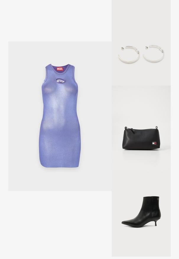 Robe en maille côtelée violette avec un col rond et détail de découpe en forme de clé. Design élégant et cintré. Nom de la marque affiché sur l'étiquette.; Bottine en cuir noir avec bout pointu et petit talon kitten sur fond clair, vue côté extérieur.; Trousse de maquillage noire avec une texture lisse, de forme arrondie, fermeture éclair, et un petit patch logo avec des accents rouge, blanc et bleu.; Boucles d'oreilles demi-cercles ton argent avec texture striée et fermoirs à pression sur fond blanc.