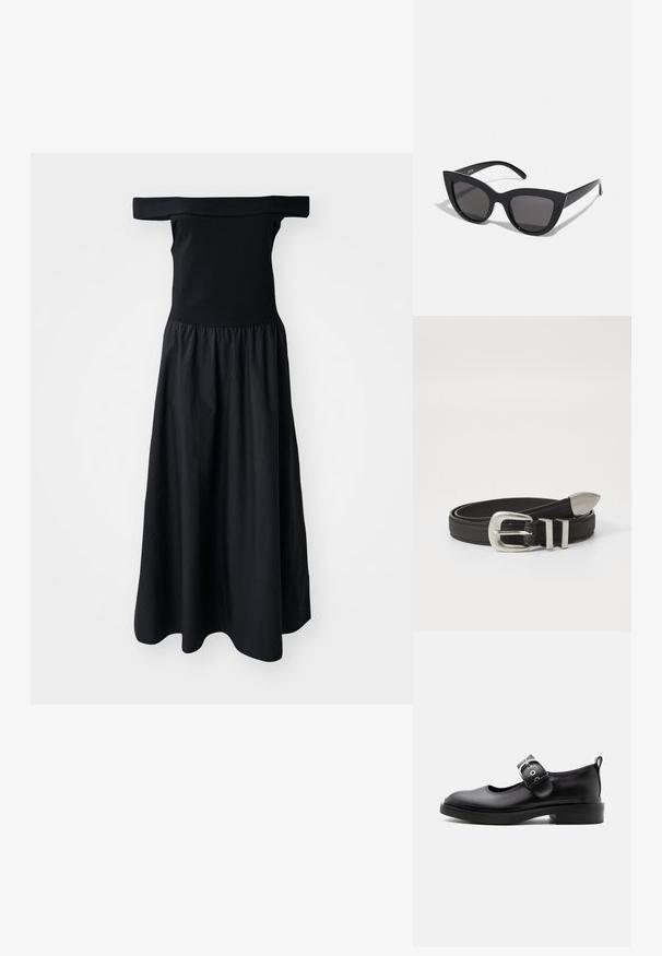 Robe noire dénudée des épaules avec un corsage ajusté et une jupe fluide froncée, fabriquée en tissu léger. Texture lisse, longueur mi-genoux.; Chaussure Mary Jane en cuir noir avec une semelle épaisse, un bout arrondi, une bride à boucle argentée et un languette à l’arrière.; Lunettes de soleil noires en forme d'œil de chat avec une finition mate, dotées de verres teintés gris, d'angles aigus et de branches élégantes. Nom de la marque visible sur la branche intérieure.; Ceinture en cuir noir avec une boucle en métal argenté et des accents à double boucle, présentant une finition texturée et une extrémité effilée pour un ajustement sécuritaire.