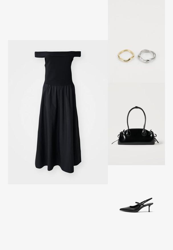 Robe noire dénudée des épaules avec un corsage ajusté et une jupe fluide froncée, fabriquée en tissu léger. Texture lisse, longueur mi-genoux.; Talons aiguilles noires en cuir avec un bout pointu, une fine bride réglable, et un talon aiguille d'environ 5 cm, texture lisse.; Petit sac à main noir brillant avec deux longues anses et des détails à cordon sur les côtés sur un fond clair uni.; Deux bagues sont présentées : une en or avec un design lisse et torsadé, et une en argent avec une forme torsadée similaire, le tout sur un fond blanc.