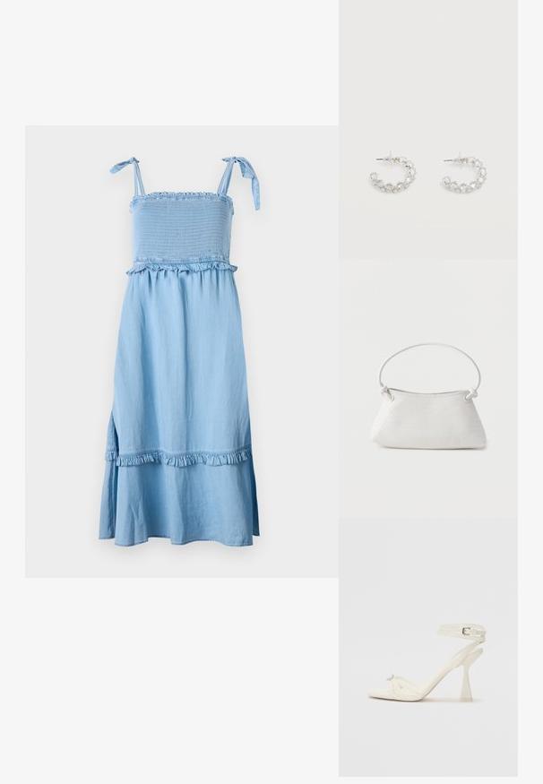 Lichtblauwe, mouwloze jurk met een smock-borstvoeding, ruches en een uitlopende rok. De stof lijkt zacht met een licht gestructureerde afwerking.; Strappy hoge hak sandaal in wit leer met een slank ontwerp, een transparante blokhak en een decoratief element bij de teen.; Witte handtas van gevlochten leer met een afgeronde handgreep en uiteinden van de band die geknoopt zijn, afgebeeld tegen een effen achtergrond.; Zilveren oorringen met open ronde vorm, bezet met heldere gefacetteerde kristallen, met postbevestigingen en transparante oorstoppers op een witte achtergrond.