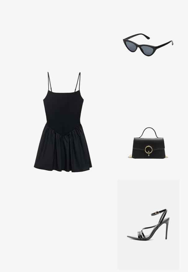Robe noire avec un corsage smocké et des bretelles spaghetti réglables. La jupe est froncée, créant une forme évasée. Texture lisse sur l'ensemble.; Sandale noire à talon haut avec de fines brides sur les orteils et la cheville, avec une boucle dorée sur un talon aiguille élancé.; Lunettes de soleil noires en forme d'œil de chat avec des verres gris foncé, monture en plastique élégante, coins pointus et branches droites. Pas de métal visible ni d'accents.; Sac à main rectangulaire noir en cuir avec une texture lisse, présentant un accent en métal doré de forme circulaire et une petite anse.