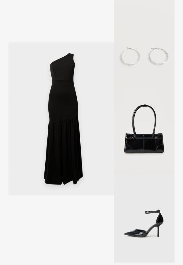 Robe noire à épaule unique en tissu lisse. Corsage ajusté s'étend jusqu'à une jupe fluide et froncée. Design minimaliste avec une silhouette élégante.; Chaussure à talons hauts en cuir verni noir avec bout pointu, bride autour de la cheville et talon aiguille fin ; texture lisse et brillante avec un design minimaliste.; Sac à main rectangulaire noir brillant avec deux fines bretelles et petits détails de boucles dorées à l'avant.; Boucles d’oreilles créoles en métal argenté avec une surface lisse légèrement incurvée et des fermoirs à clapet sur un fond blanc uni.