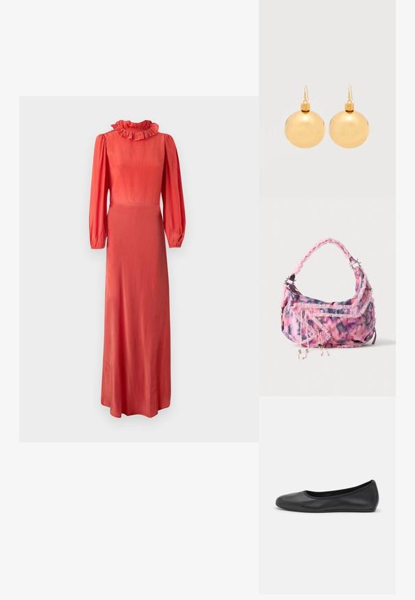 Robe corail à manches longues avec un col volanté, un buste ajusté et une jupe fluide. Tissu lisse et éclat subtil. Design minimaliste.; Ballerines en cuir noir avec un bout rond, texture lisse, détails de couture minimalistes et design de semelle flexible.; Petit sac à épaule imprimé floral rose et violet avec bords texturés, poche avant zippée et bandoulière réglable avec fermoirs métalliques.; Paire de boucles d'oreilles boule de Noël dorées brillantes avec fermoirs à crochet sur fond blanc uni.