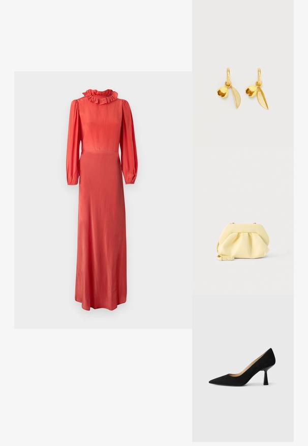 Robe corail à manches longues avec un col volanté, un buste ajusté et une jupe fluide. Tissu lisse et éclat subtil. Design minimaliste.; Pompe à talons hauts en suède noir avec un bout pointu, dotée d'un talon bloc noir brillant et d'une doublure intérieure lisse.; Pochette en cuir jaune doux avec un design froncé et une bandoulière amovible, posée sur un fond clair uni.; Boucles d'oreilles créoles en or avec de petits boutons de fleurs jaunes et des breloques en forme de feuilles allongées en or suspendues à chaque créole.