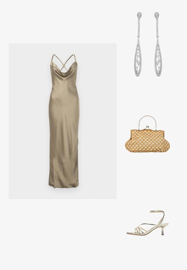 Champagne-kleurige satijnen slipdress met gekruiste spaghetti-bandjes en een gedrapeerde halslijn, vloerlengte met subtiele zijnaden.; Gouden sandaal met smalle bandjes, lage kittenheel en enkelriem met gesp, open teen en minimalistisch ontwerp tegen een witte achtergrond.; Handtasje in vintage stijl met een schelpmotief van goudkleurige en parelmoer kralen, voorzien van een zilverkleurig metalen frame en sluiting.; Zilveren druppeloorbellen met een ingewikkeld opengewerkt ontwerp, versierd met meerdere kleine ronde cubic zirconia, in de vorm van een druppel.