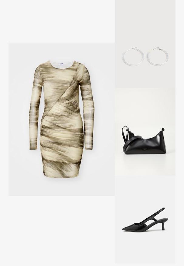 Langærmet kjole lavet af struktureret stof, med et beige og grønt abstrakt mønster, samt en tætsiddende silhuet med asymmetrisk design.; Sorte slingback hæle med spidse tæer, lavet af blankt materiale, med udskæringsdetaljer og en moderat hæl for støtte.; Sort læderhåndtaske med en glat tekstur. Har en justerbar stropp og et enkelt, minimalistisk design med lynlås.; Par skinnende sølvøreringe med tynde trådlåse, vist på en lys grå baggrund.