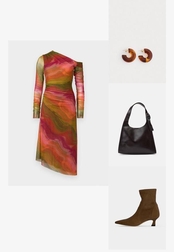 AMUR DRENA DRESS - Vabalt langev kleit - lucid glaze; Pruun anklisaap, millel on terav ninaosa ja madal konts, valmistatud siledast materjalist, näidatud ühevärvilise tausta ees.; Pruun nahkne õlakott sujuva tekstuuriga, ümar kuju, laia rihmaga ja ümara metallise aktsendiga käepidemel.; Pruunist akrüülist rõngastooted, millel on kõverdisain. Kuldse tooniga riistvara. Sile pind läikiva viimistlusega.