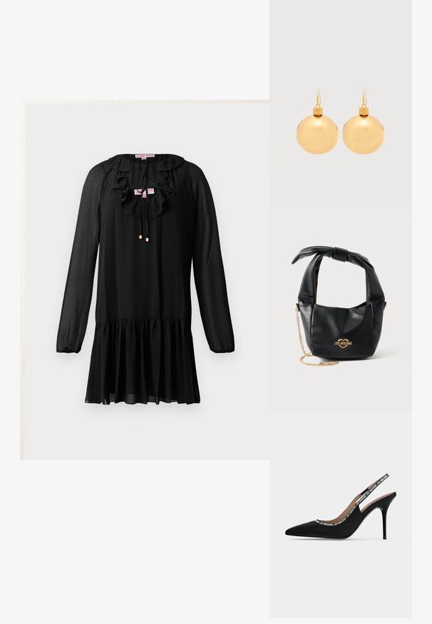 Sort kjole med lange ærmer, flæset halsudskæring, bindebånd og en svungen kant. Lavet af letvægtigt stof med en blød tekstur.; Sort spids tå slingback stilet hæl sko med tynd stilet hæl og "LOVE MOSCHINO" tekst på remmen og kanten.; Sort blød læder Love Moschino håndtaske med knyttet håndtag og guldkæde-strop på hvid baggrund.; Par af skinnende gyldne julekugleøreringe med krog-lukninger på en ensfarvet hvid baggrund.