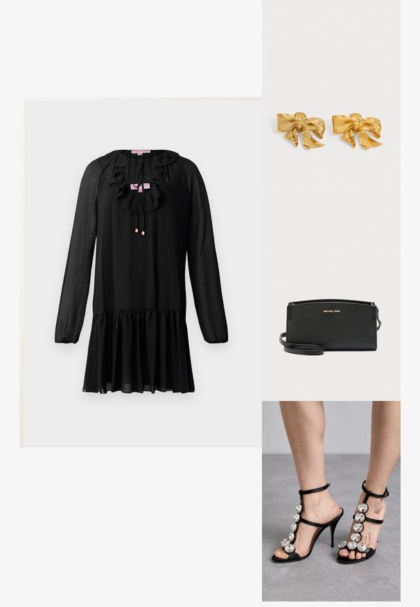 Robe noire à manches longues, col à volants, détail de noeud et ourlet évasé. Fabriquée en tissu léger avec une texture douce.; Sandales à talons hauts noires avec des brides en satin et de grands accents en strass ronds le long de l'arche et de la cheville, design ouvert au niveau des orteils.; Sac bandoulière en cuir noir avec une finition texturée, doté d'un logo doré et d'une bandoulière amovible pour plus de polyvalence.; Paire de boucles d’oreilles en métal doré brillant en forme de nœuds texturés sur un fond clair uni.