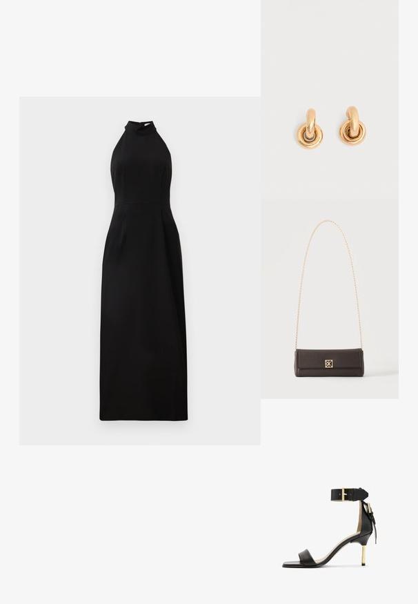 Mouwloze zwarte maxi-jurk met een hoge halslijn en aansluitend lijfje. Soepele stof met een subtiele glans en ritssluiting aan de achterkant.; Zwarte leren sandalen met hak en vierkante neus, enkelband met een gouden gesp en een slanke metalen hak. Soepele textuur, minimalistisch ontwerp.; Rechthoekige donkerbruine leren handtas met gouden kettingriem en een kleine vierkante gouden sluiting aan de voorkant in het midden.; Set glanzende gouden creolen met dikke ronde schakels op een effen lichtgrijze achtergrond.