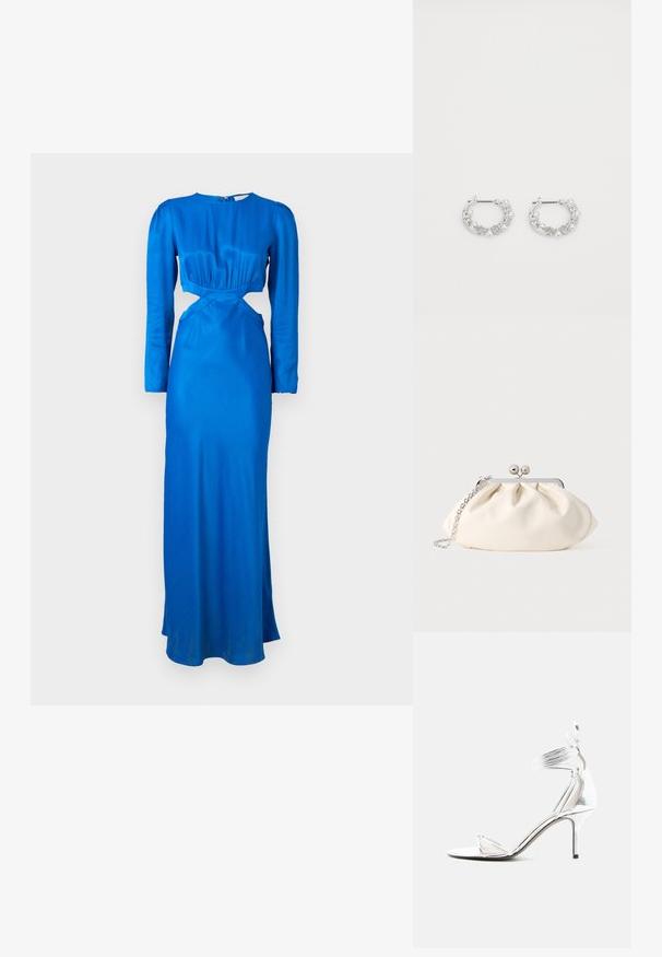 Langärmliges, leuchtend blaues Kleid aus glattem Stoff. Verfügt über ein Cut-out-Detail in der Taille und ein tailliertes Oberteil mit gerafften Akzenten.; Silberne High-Heel-Sandale mit dünnen Riemchen, Knöchelriemen und schlankem Stilettoabsatz auf weißem, einfarbigem Hintergrund.; Cremefarbene Stoff-Clutch mit gerafftem Design, silbernem Metallrahmen, zwei dekorativen Kugeln und einem silbernen Kettenriemen.; Silberne Creolen mit Perlen- und Kristallakzenten, ausgestattet mit einer strukturierten Oberfläche und einem sicheren Steckverschluss.