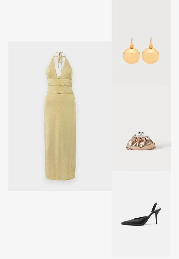 Zlaté šaty na ramienkach s hlbokým V-výstrihom, pásom a rovnou siluetou. Vyrobené z trblietavého materiálu s hladkým povrchom.; Čierne lodičky so slingback detailom a špicatou špičkou, vyrobené z hladkej koženej látky a s elegantným, minimalistickým dizajnom. Vysoký stiletto podpätok.; Malá zlatá kovová kabelka so strieborným zapínaním a retiazkovým remienkom na jednoliatom svetlom pozadí.; Pár lesklých zlatých náušníc vo forme vianočných gúľ s háčikovým zapínaním na bielom pozadí.