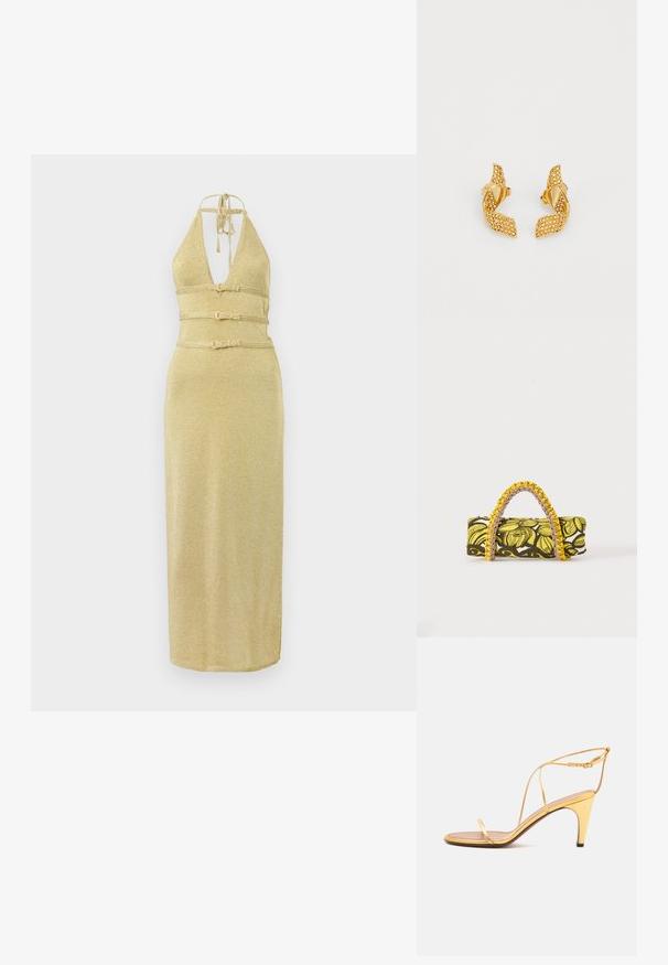 Robe dorée à col halter avec un décolleté en V profond, taille ceinturée et silhouette droite. Fabriquée dans un tissu chatoyant à la texture lisse.; Sandale à talons hauts dorée avec fines lanières et une fine boucle à la cheville sur un fond gris clair.; Sac rectangulaire avec motif floral jaune et noir et anse tressée jaune et rose sur fond blanc.; Boucles d'oreilles dorées au design de feuille torsadée, ornées de petits pierres scintillantes, et maintenues par un fermoir à tige.