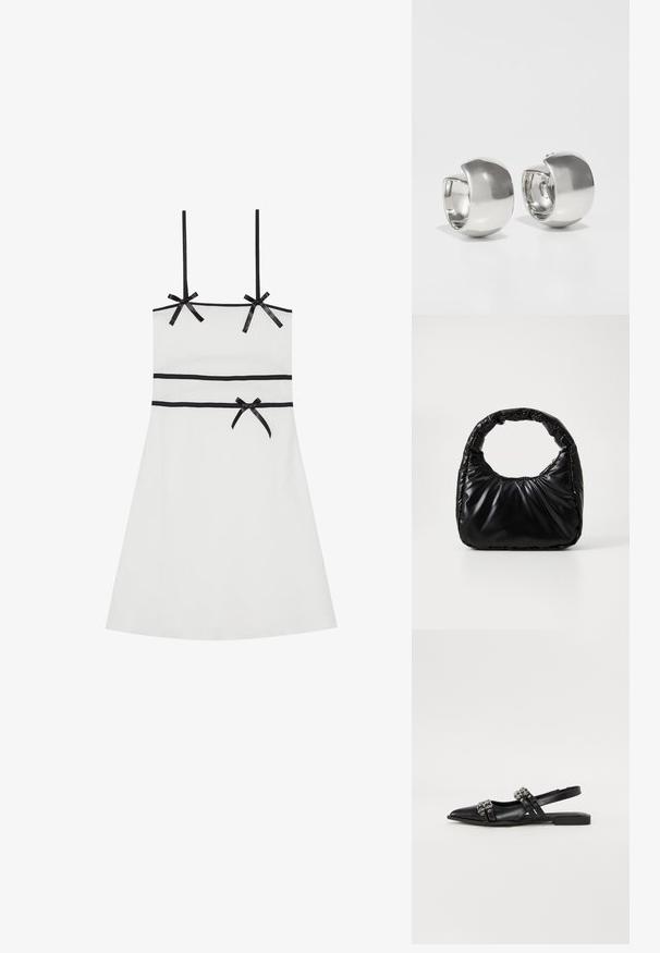 Hvid udenærmet kjole med sorte bånddetaljer ved skuldrene og taljen. Glat tekstur, knælang, tætsiddende silhuet, diskret ribbet design.; Even&Odd Slingback-ballerinasko - black; Sort polstret håndtaske med et rundt håndtag, der har en glat, skinnende overflade og en blød, kviltet tekstur. Ingen synlige hardware eller accenter.; Uncommon Matters SCULPTURAL LARGE CREOLE - Øreringe - silver-coloured