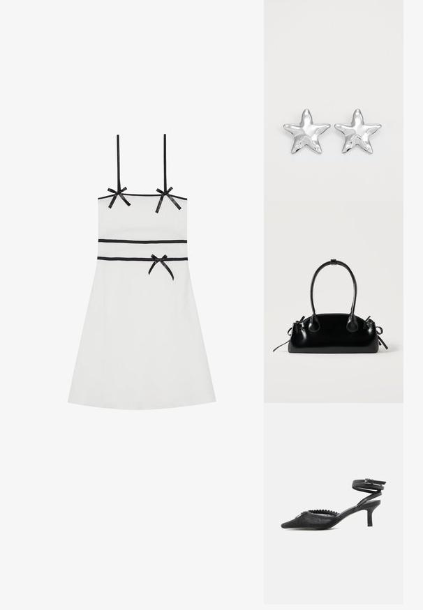 Hvid udenærmet kjole med sorte bånddetaljer ved skuldrene og taljen. Glat tekstur, knælang, tætsiddende silhuet, diskret ribbet design.; Sort spids tå kitten heel med blondeoverdel, bølget kant og ankestrop med spænde.; Lille sort blank håndtaske med to lange håndtag og snøre-detaljer i siden på en ensfarvet lys baggrund.; Sølvstjernede øreringe med en poleret, blank overflade. Hver ørering har fem spidser og subtile teksturdetaljer på overfladen.