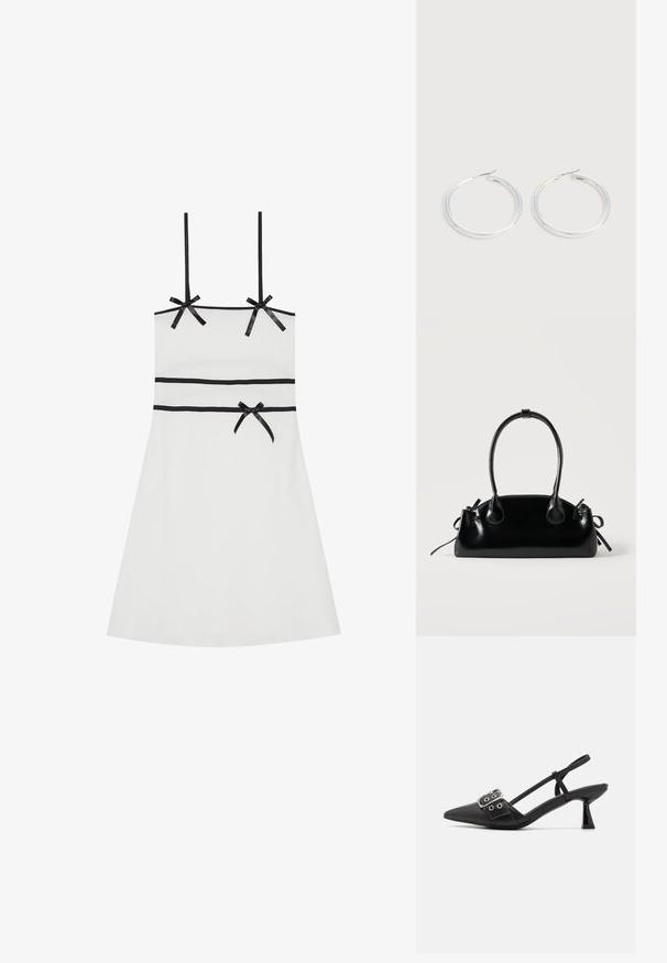 Hvid udenærmet kjole med sorte bånddetaljer ved skuldrene og taljen. Glat tekstur, knælang, tætsiddende silhuet, diskret ribbet design.; Simmi London DALA - Pumps - black; Lille sort blank håndtaske med to lange håndtag og snøre-detaljer i siden på en ensfarvet lys baggrund.; Par skinnende sølvøreringe med tynde trådlåse, vist på en lys grå baggrund.