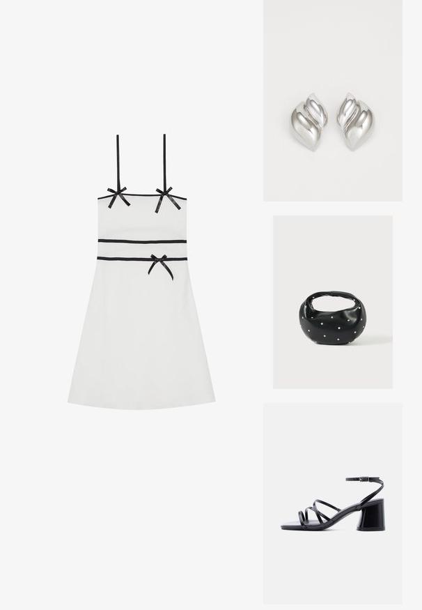 Vestido blanco sin mangas con acentos de cinta negra en los hombros y la cintura. Textura suave, hasta la rodilla, silueta ajustada, diseño sutil acanalado.; Sandalia de mujer negra con tacón grueso, tres tiras finas sobre los dedos y correa en el tobillo con hebilla plateada sobre fondo blanco.; Bolso de mano de cuero negro con forma redondeada, decorado con detalles de tachuelas plateadas y un asa corta. Textura lisa y cierre con cremallera.; Pendientes de plata con una forma orgánica y abstracta. Superficie lisa y brillante con un diseño cónico. Presentan suaves curvas y un detalle de línea central.